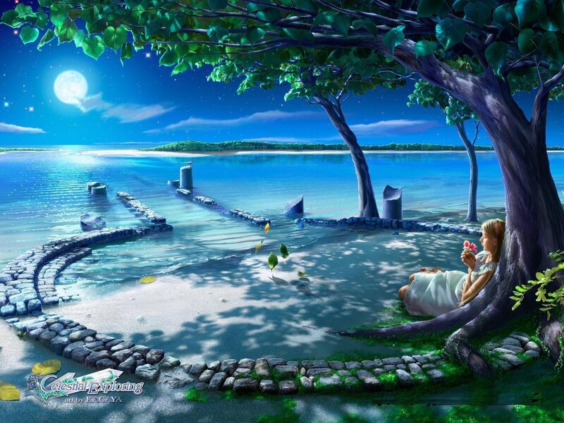Woman under a tree by the sea