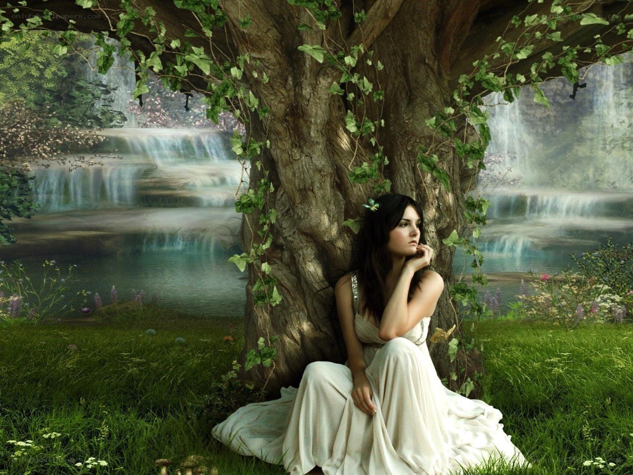 woman under a tree by waterfall