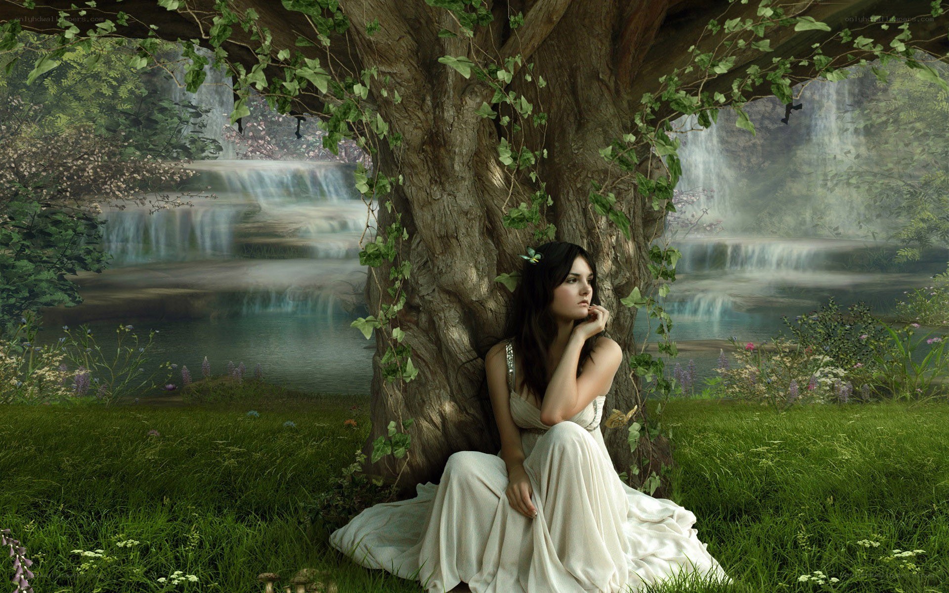 woman under a tree by waterfall