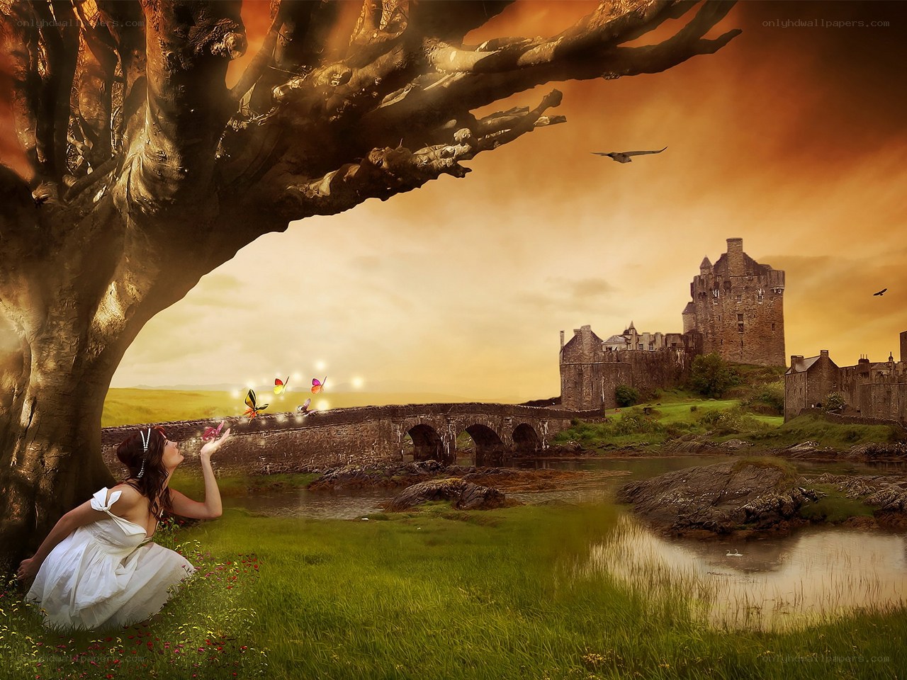 woman under a tree with castle