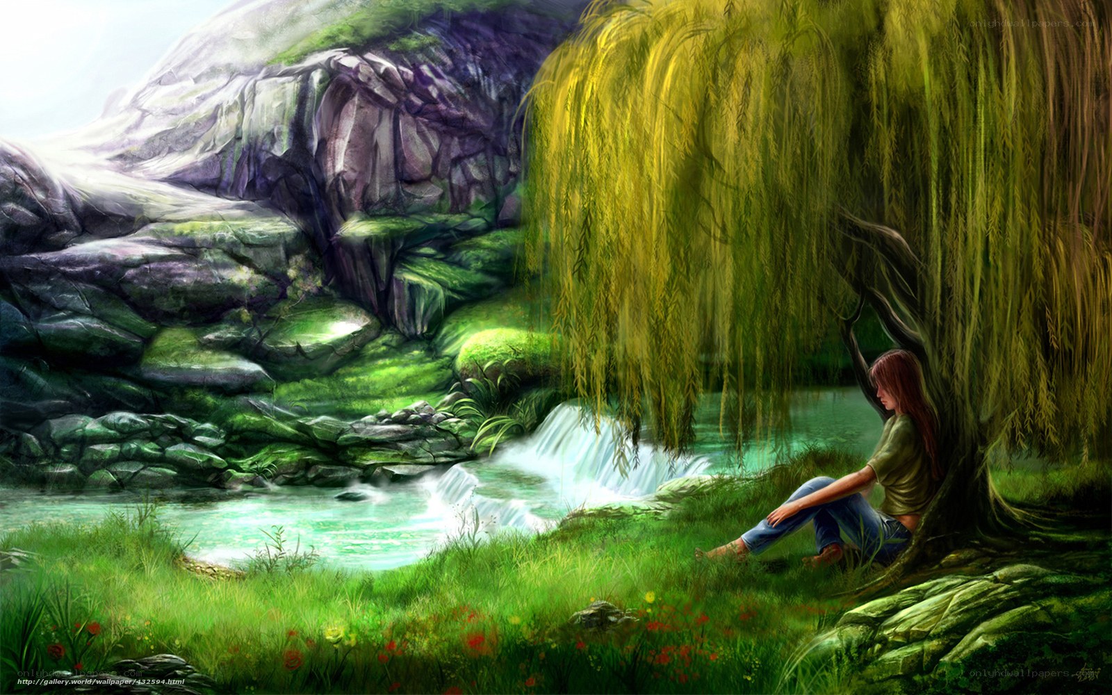 Woman under a willow tree