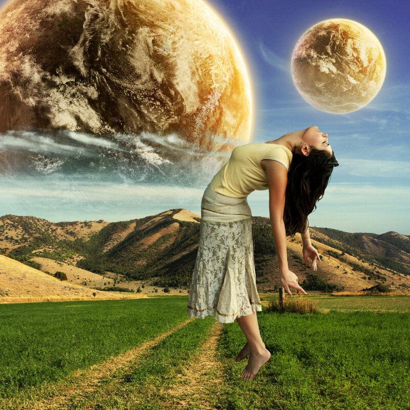 woman under alien planets