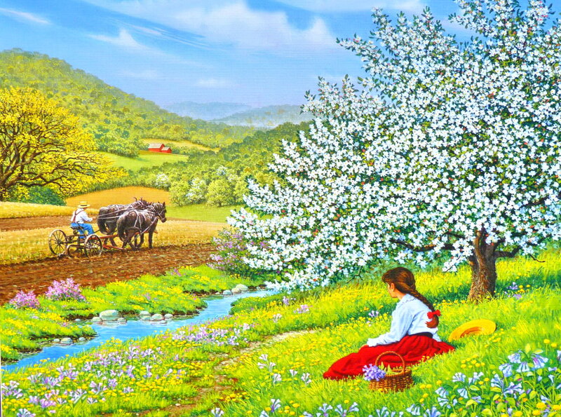 Woman under Blossoming Tree — Green, Serene