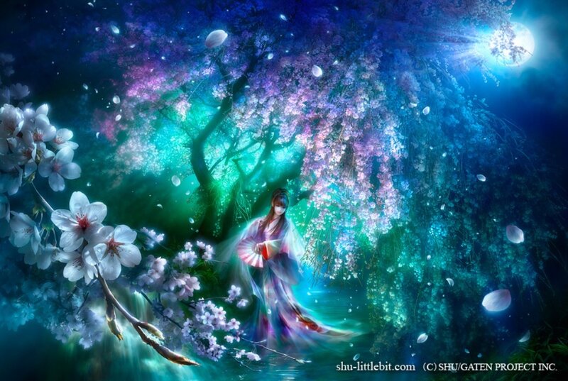 Woman under cherry blossoms at night