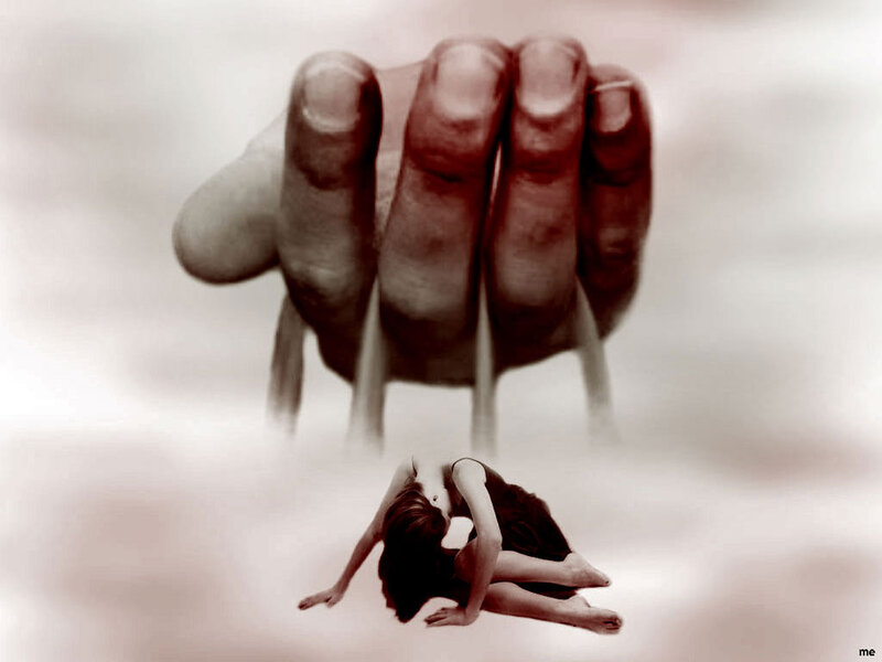 Woman under Giant Hand