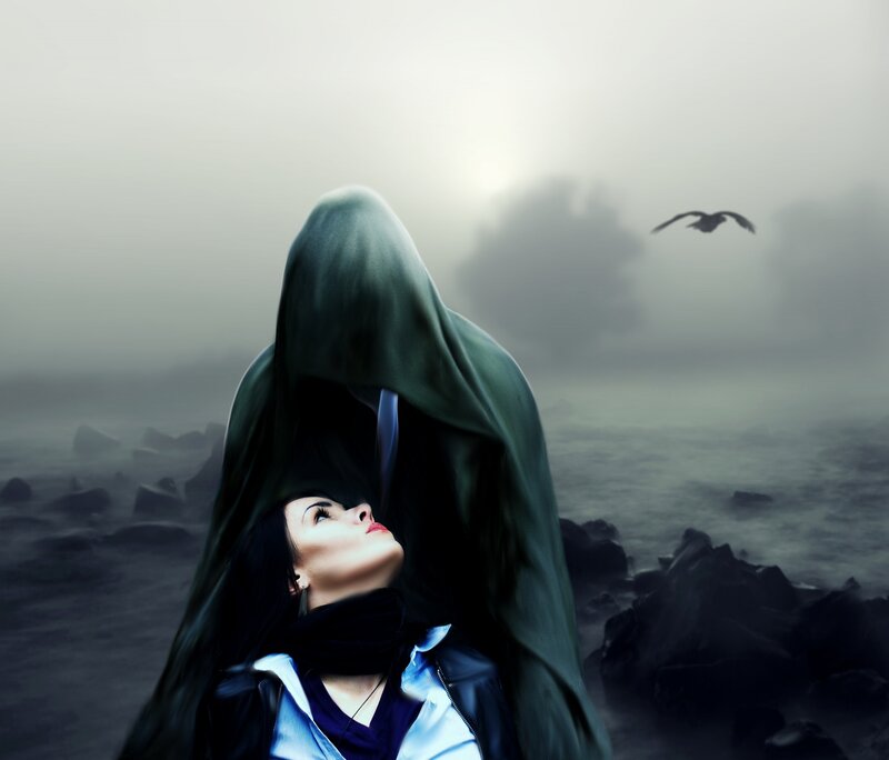 Woman under Hooded Figure