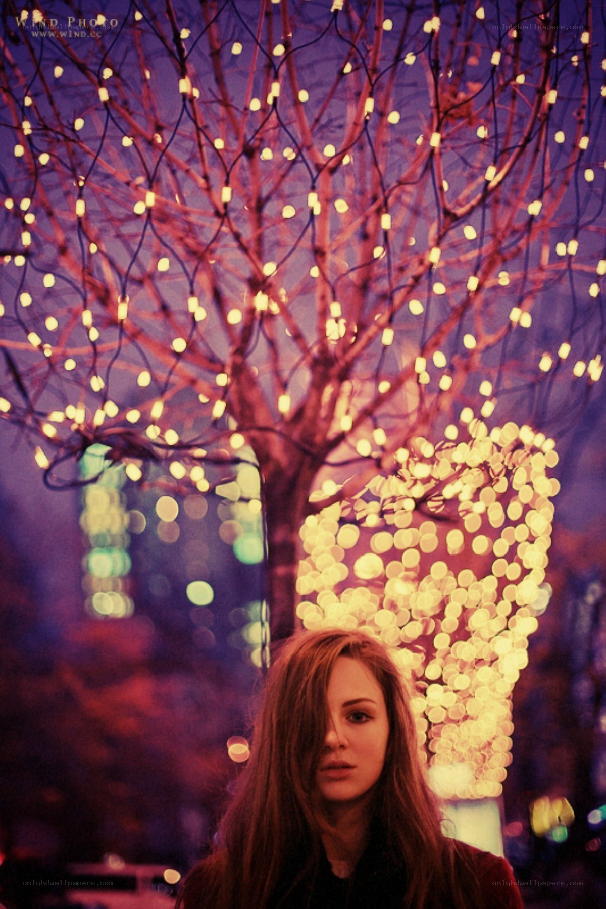 woman under lit tree