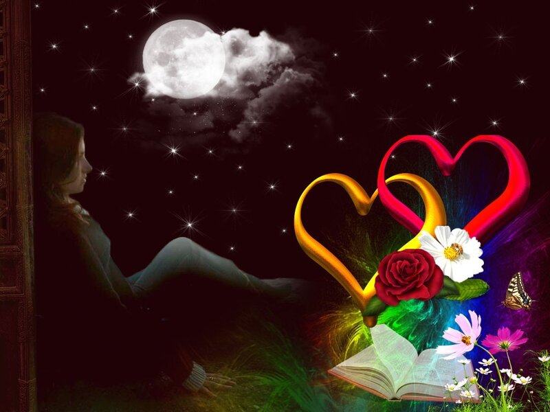 woman under moon with hearts