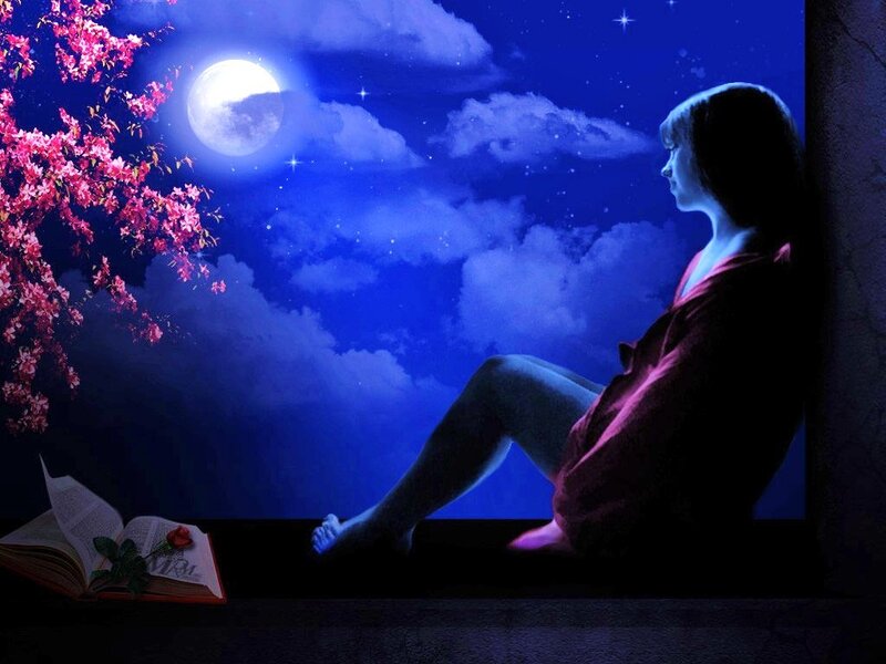 woman under moonlight with book