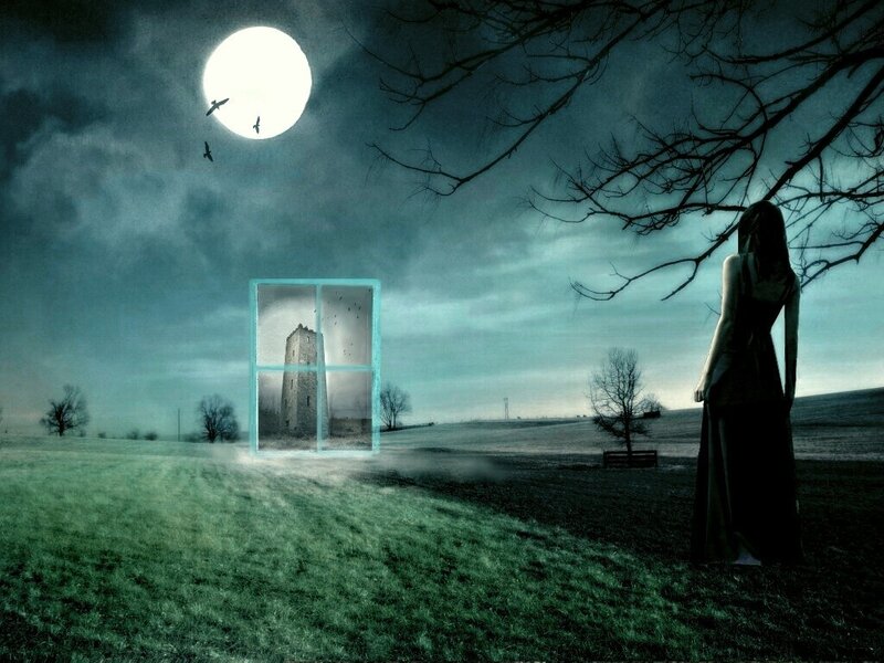 woman under moonlight with window portal