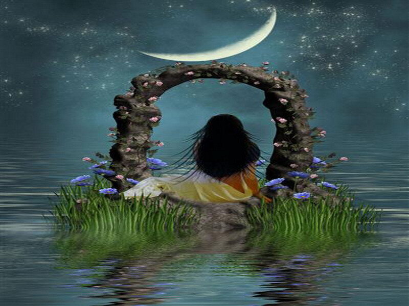 woman under moonlit arch