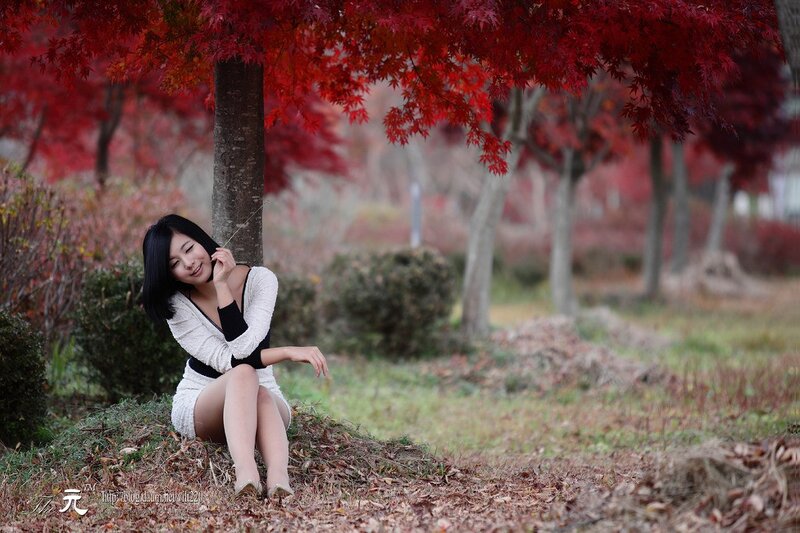 Woman under red maple tree