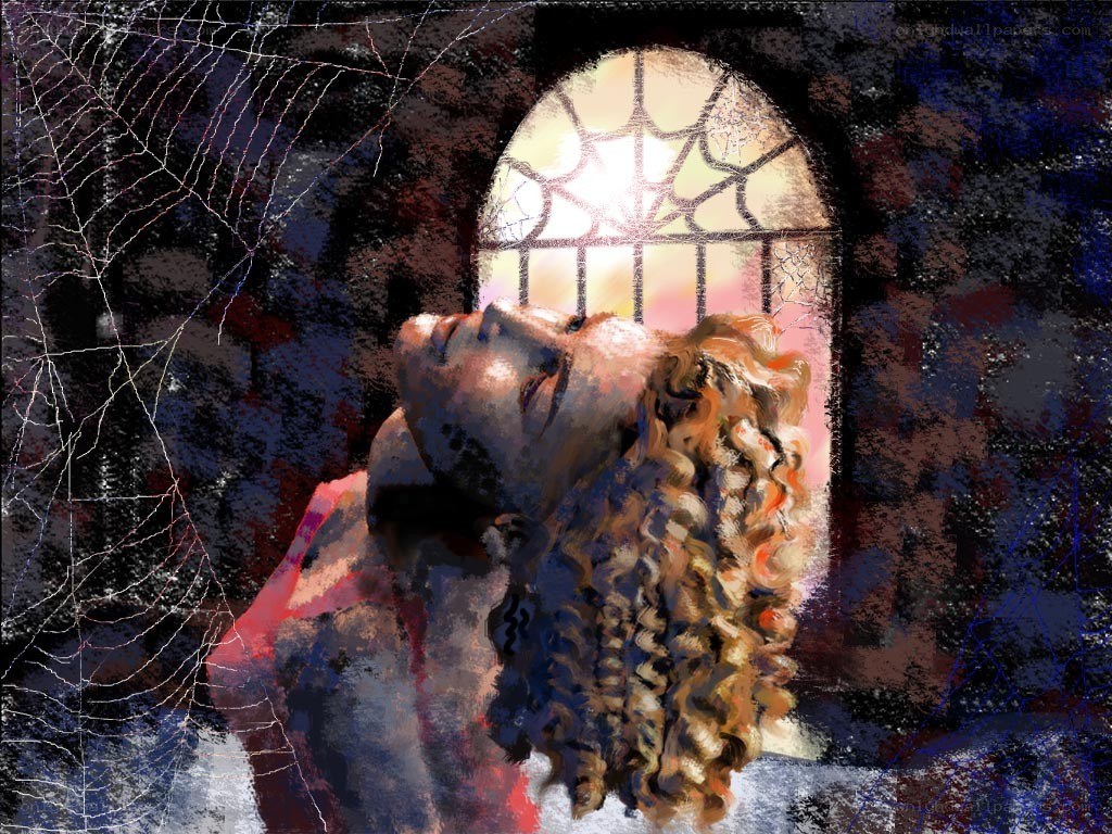 woman under stained glass window