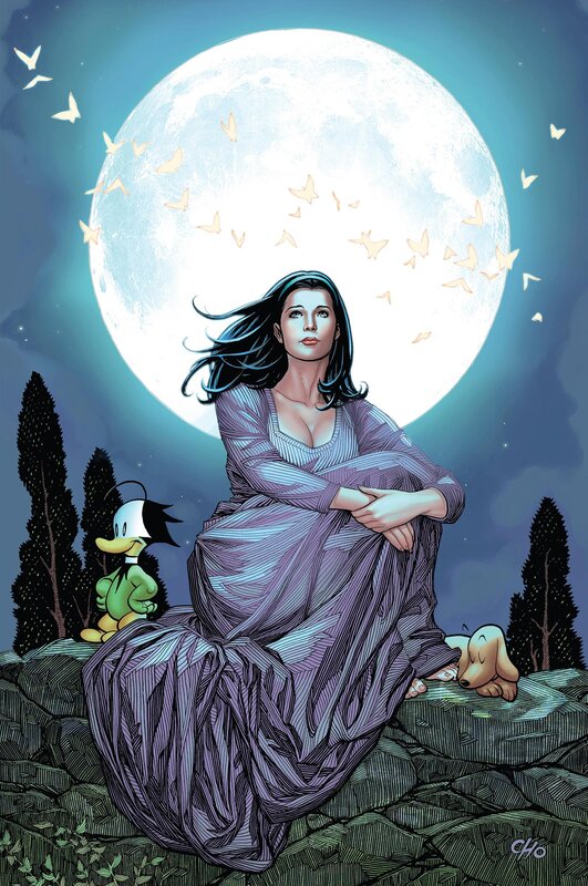 Woman under the moon with friends