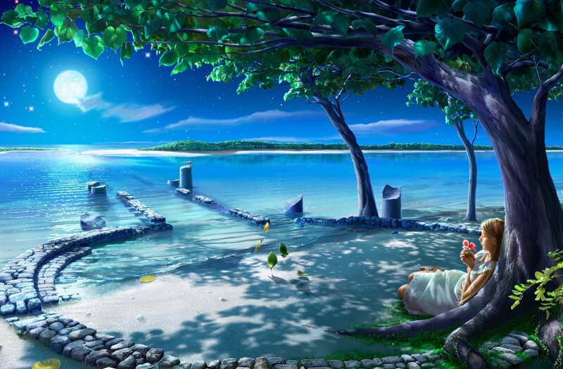 Woman under Tree at Night — Blue, Serene, Digital Art, Moon, Sea, Stone Path, Green