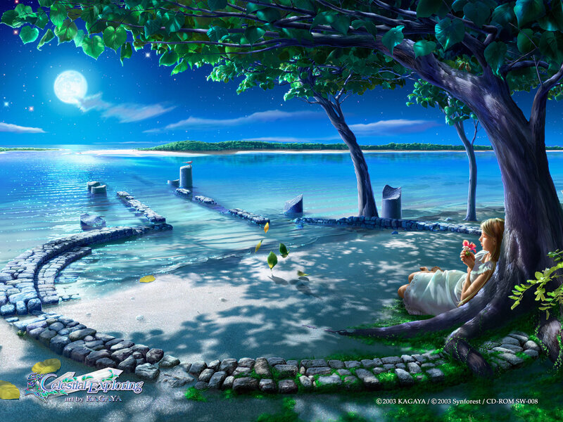 Woman under Tree at Night — Blue, Serene