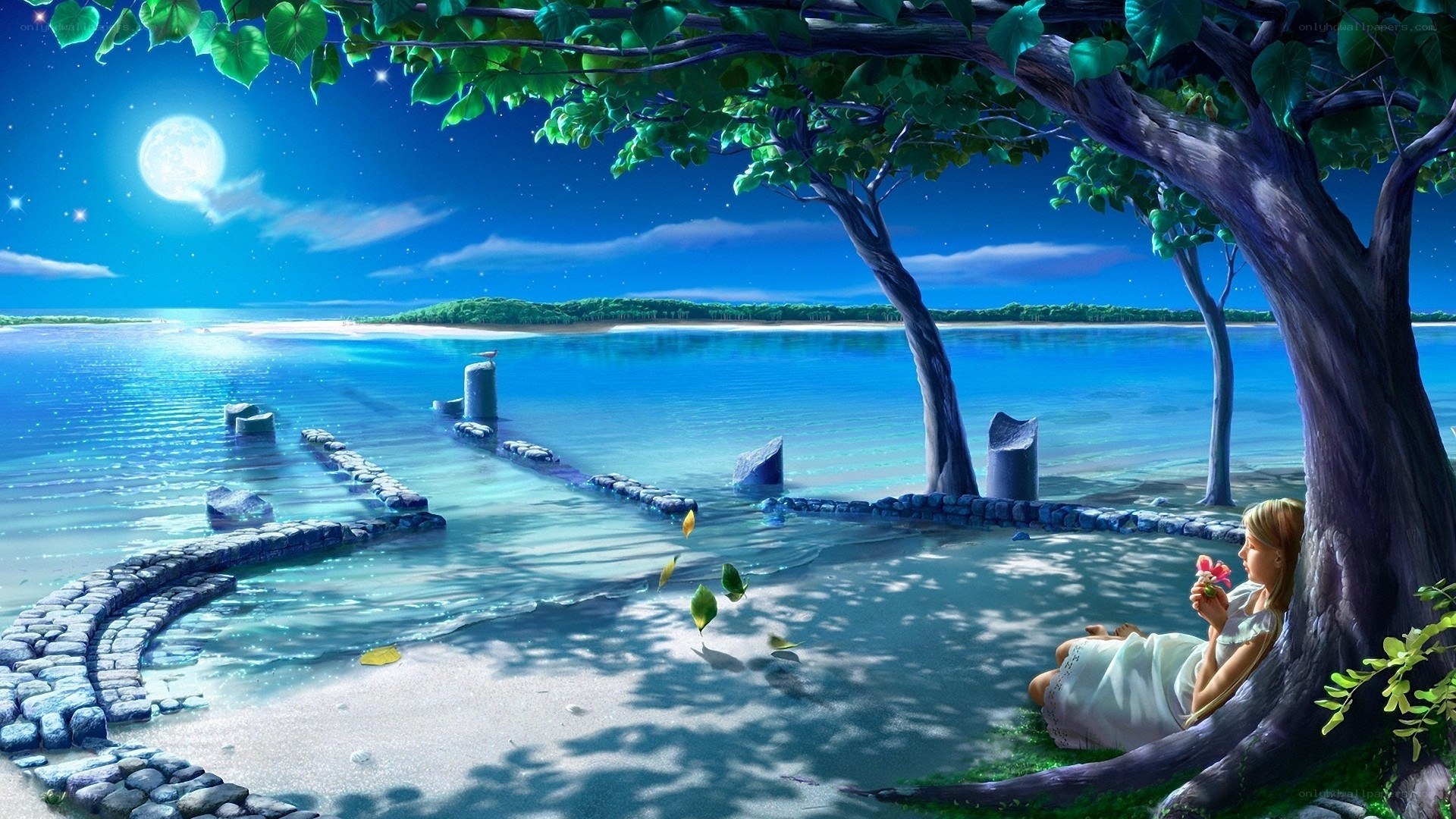 woman under tree at night
