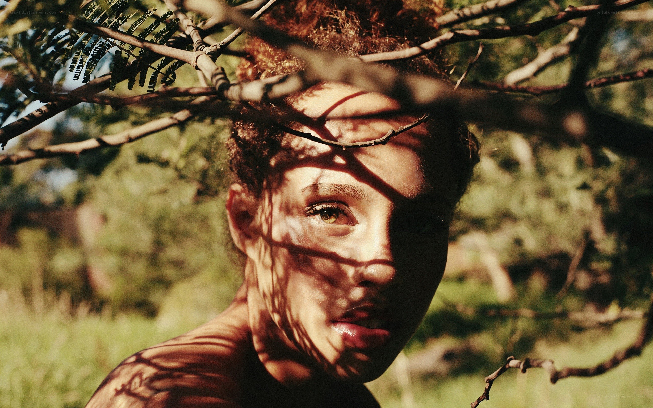 woman under tree branches