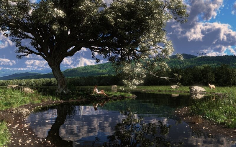 Woman under Tree — Green, Serene