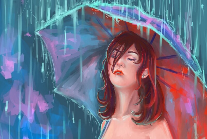 Woman under Umbrella — Blue, Dramatic, Night