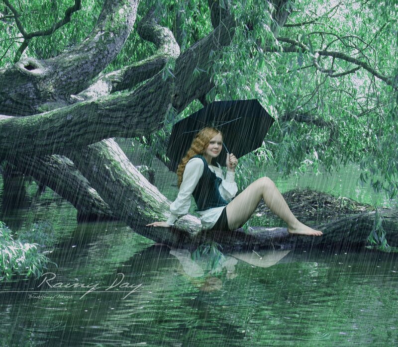 Woman under Umbrella — Green, Serene