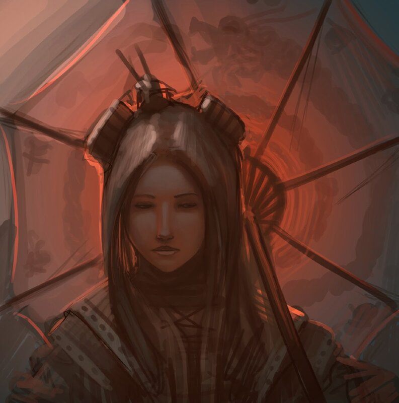 Woman under Umbrella — Red, Dramatic