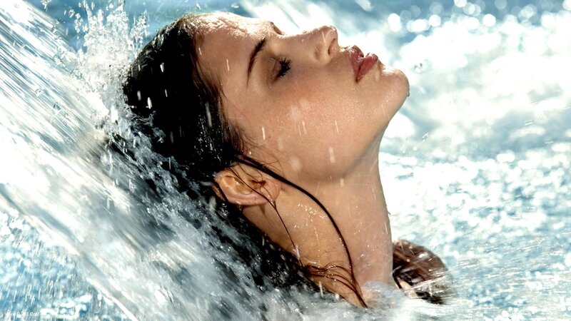 Woman under Water Spray — Blue, Serene