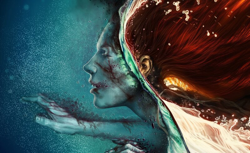 Woman Underwater — Blue, Dramatic, Digital Art, Hair, Bubbles