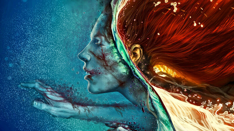 Woman Underwater — Blue, Dramatic, Digital Art, Hair