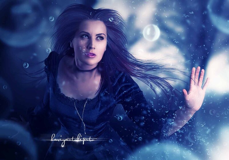 Woman Underwater — Blue, Dramatic, Digital Art