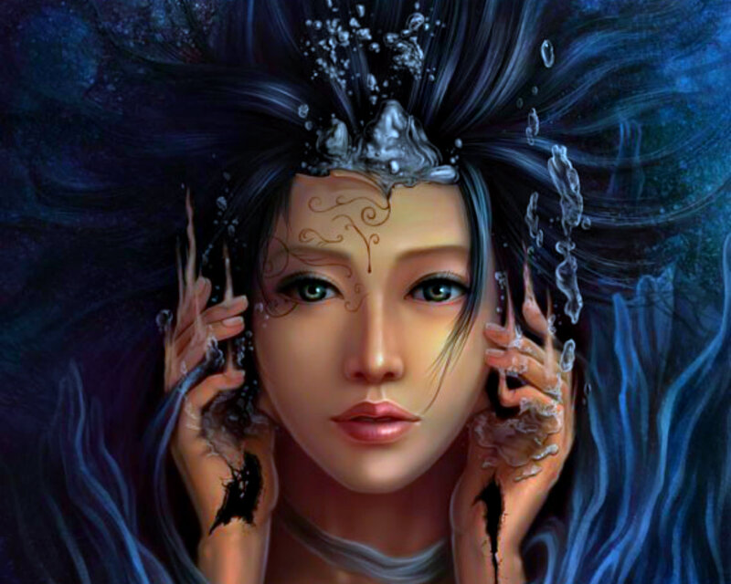 Woman Underwater — Blue, Serene, Digital Art, Hair, Hands