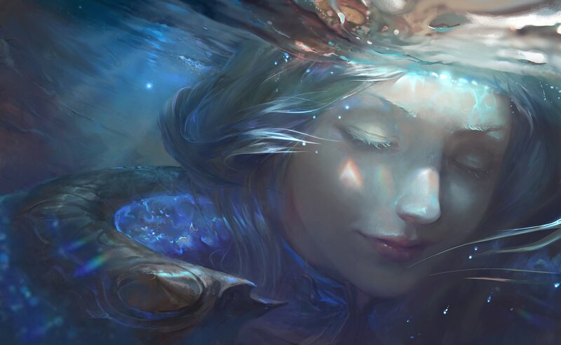 Woman Underwater — Blue, Serene, Digital Art, Hair, Light