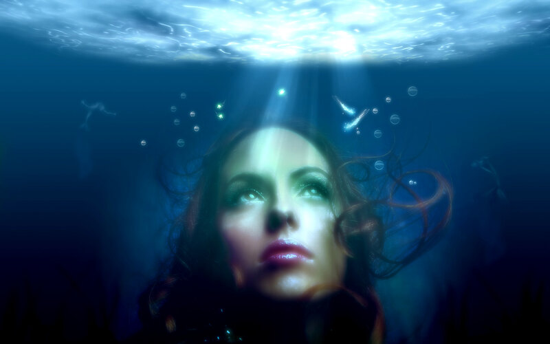 Woman Underwater — Blue, Serene, Digital Art