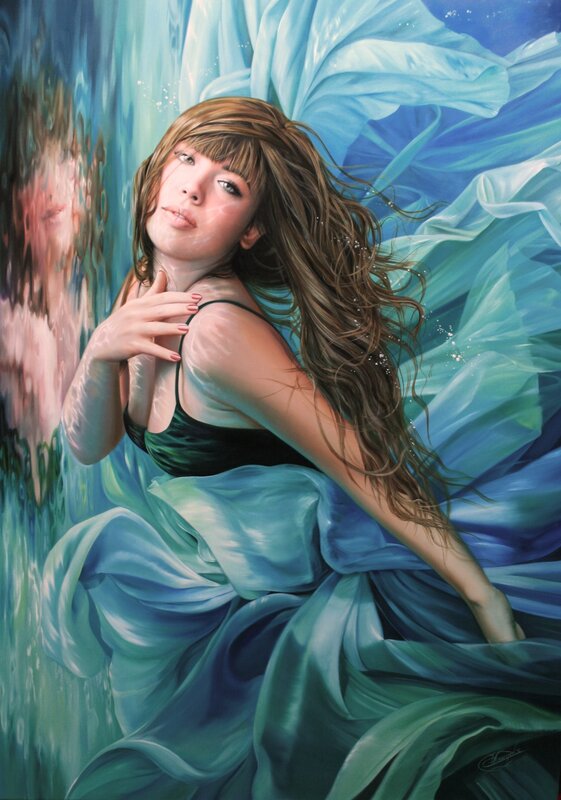 Woman Underwater — Blue, Serene, Painting, Dress