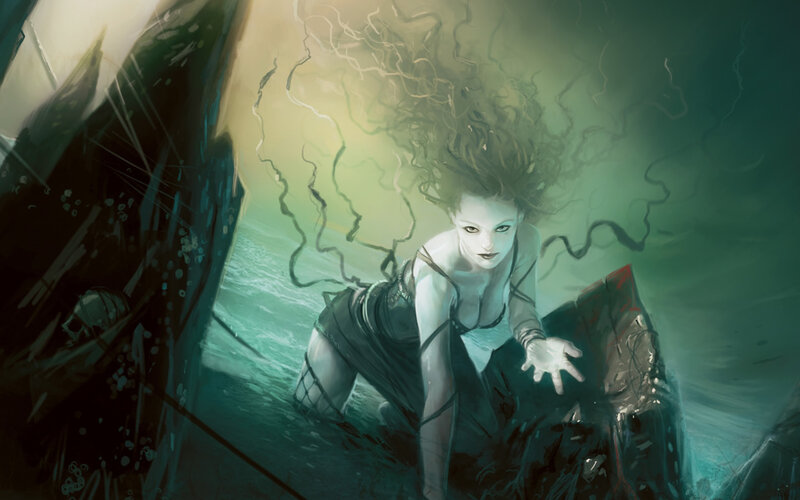 Woman Underwater — Green, Dramatic, Digital Art