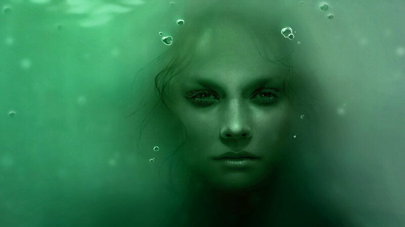 Woman Underwater — Green, Serene, Digital Art, Bubbles