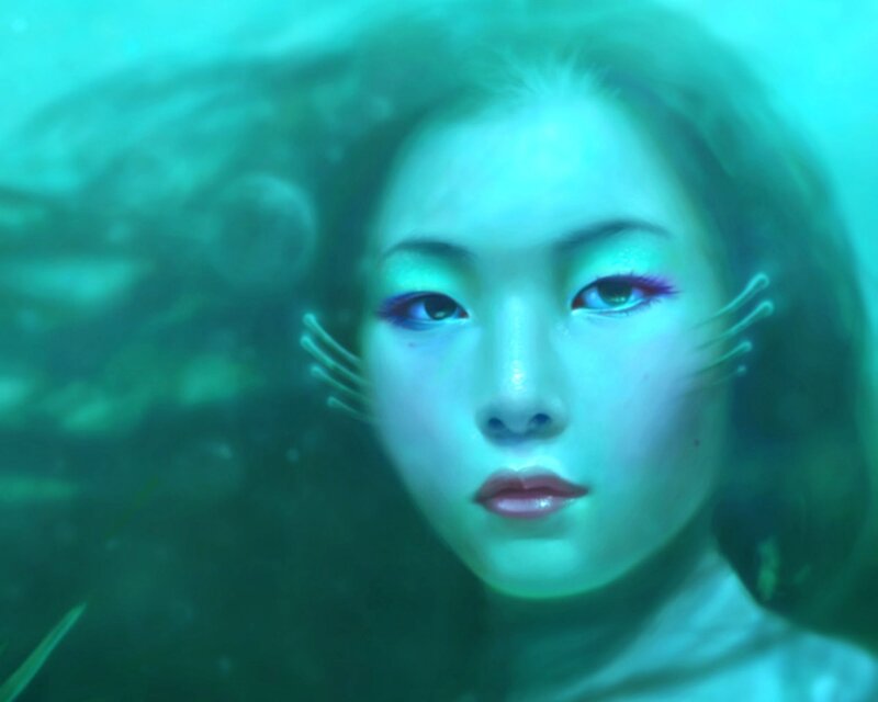 Woman Underwater — Green, Serene, Digital Art, Eyes