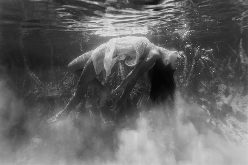 Woman Underwater in Dress — Black, Serene