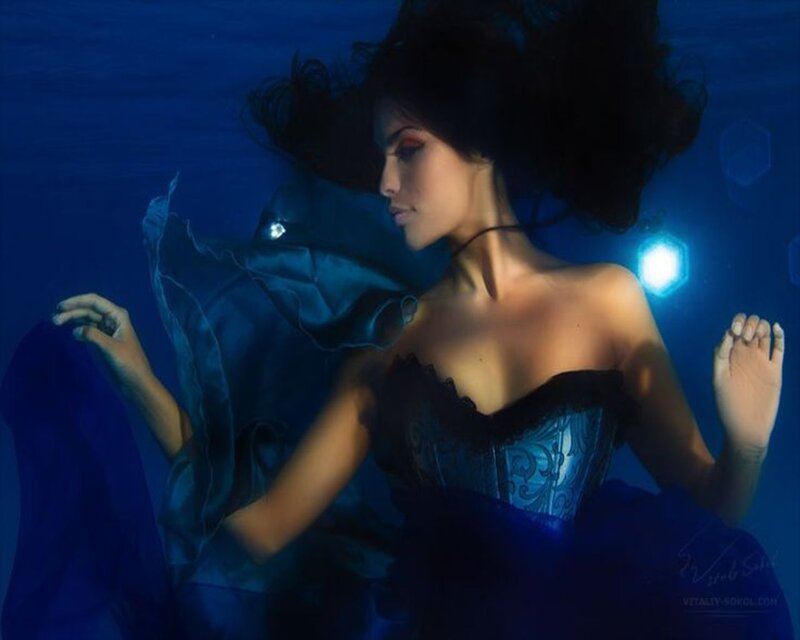 Woman Underwater in Dress — Blue, Dramatic, Photograph