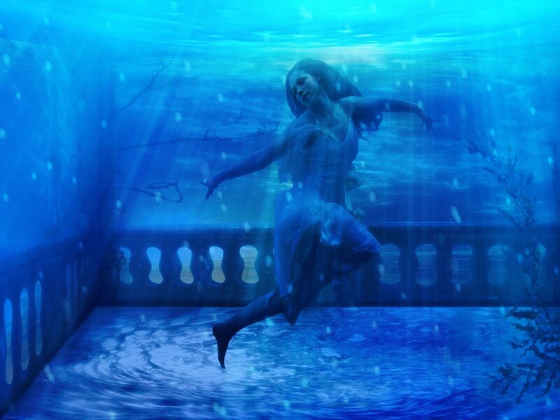 Woman Underwater in Dress — Blue, Serene, Digital Art, Bubbles