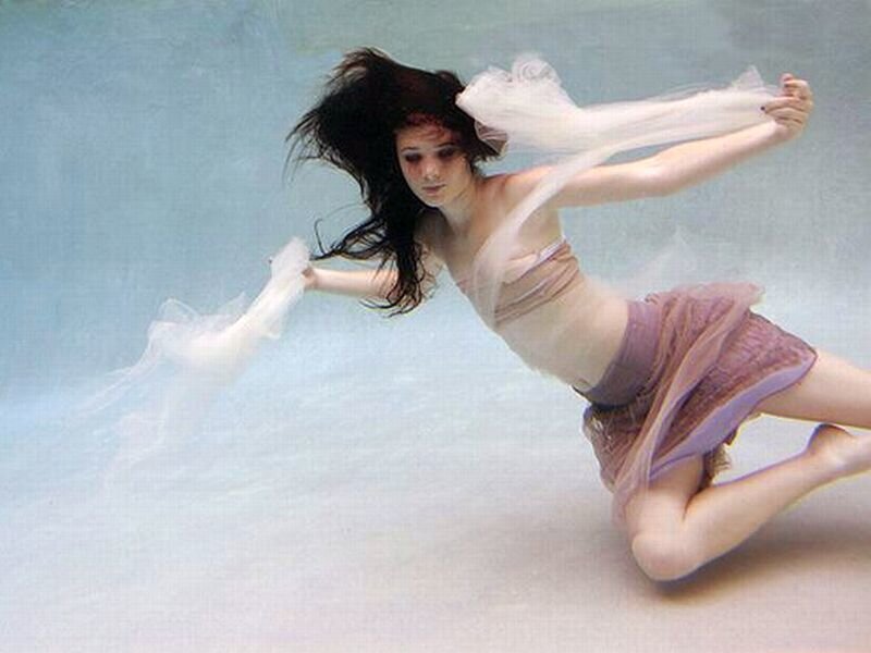 Woman Underwater in Dress — Blue, Serene, Photograph