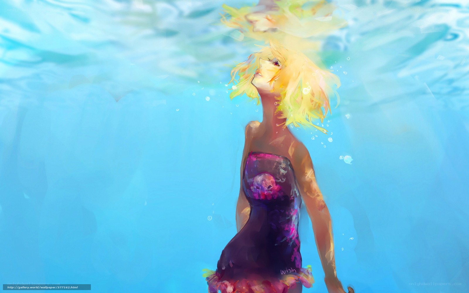 woman underwater in purple dress