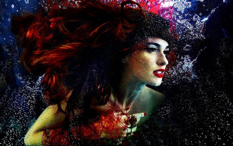 Woman Underwater — Red, Dramatic, Photograph