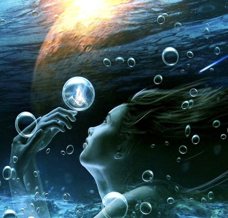 Woman Underwater with Bubbles — Blue