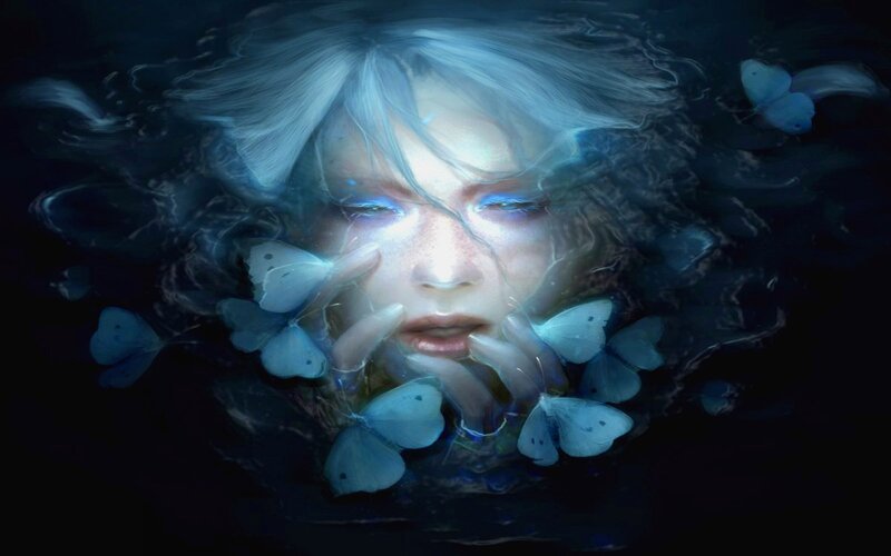 Woman Underwater with Butterflies — Blue