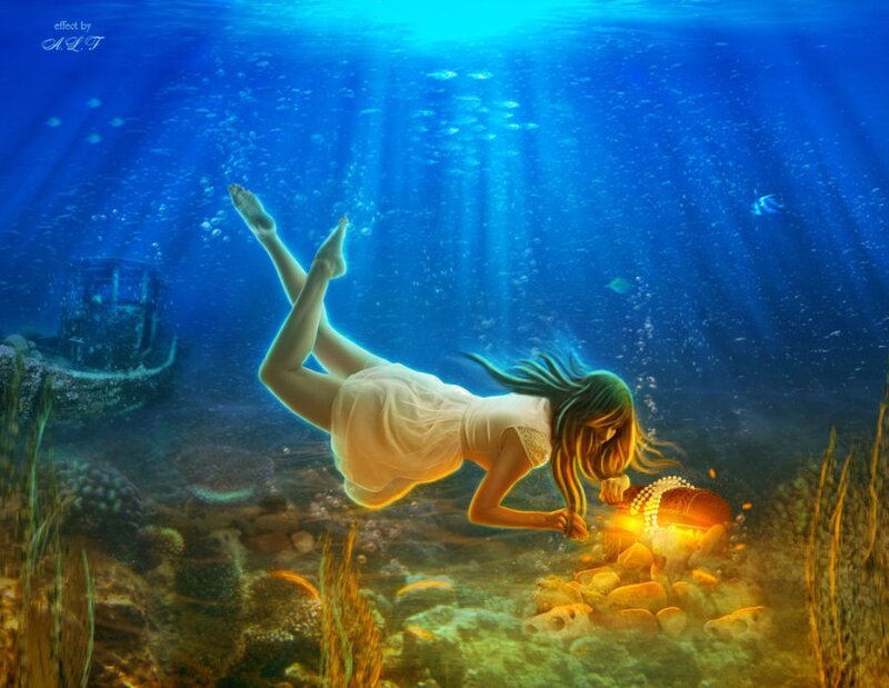 Woman Underwater with Chest — Blue