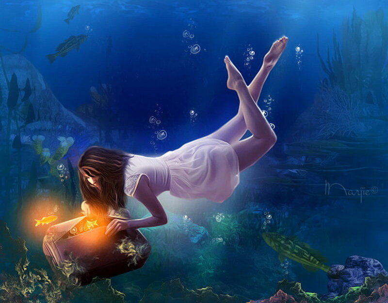 Woman Underwater with Chest