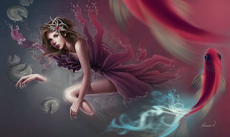 woman underwater with fish