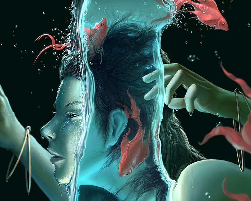 woman underwater with fish
