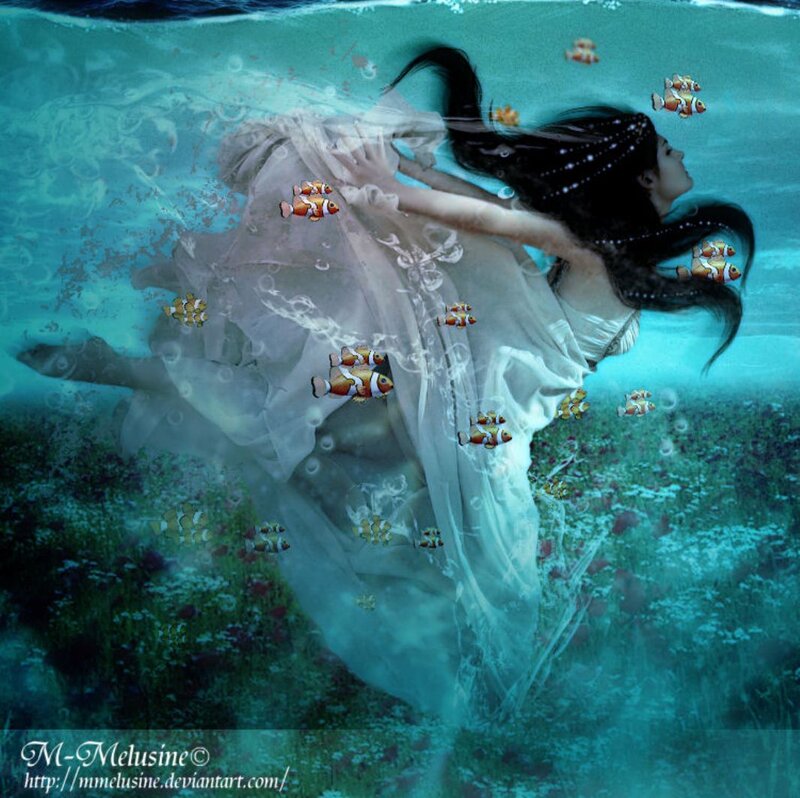 Woman Underwater with Fish — Blue, Serene, Digital Art, Bubbles, Dress